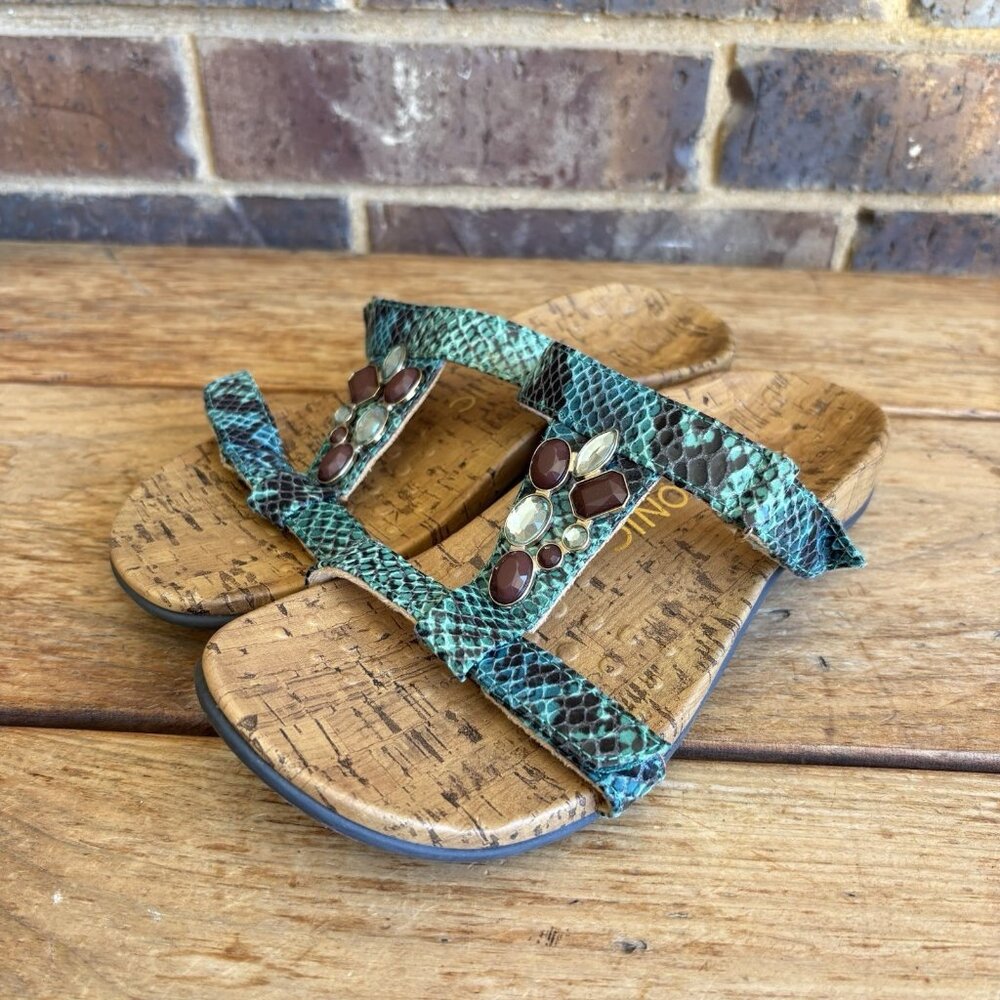 Vionic Orthaheel Viviana Teal Faux Snakeskin Jewel Strappy Sandals Size 6